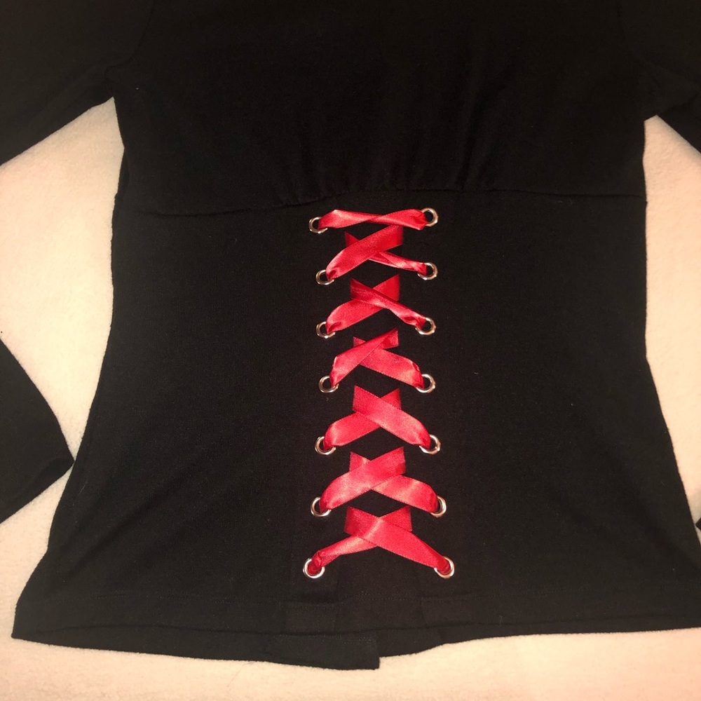 New Black Buttondown Sweater with Red Lace/buttons